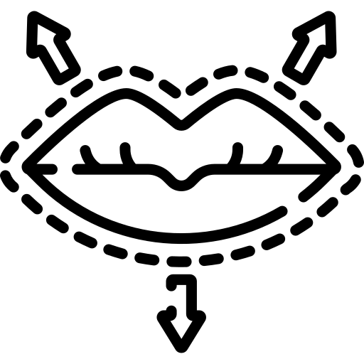 Un disegno lineare delle labbra di una donna con frecce che puntano verso l'alto e verso il basso.