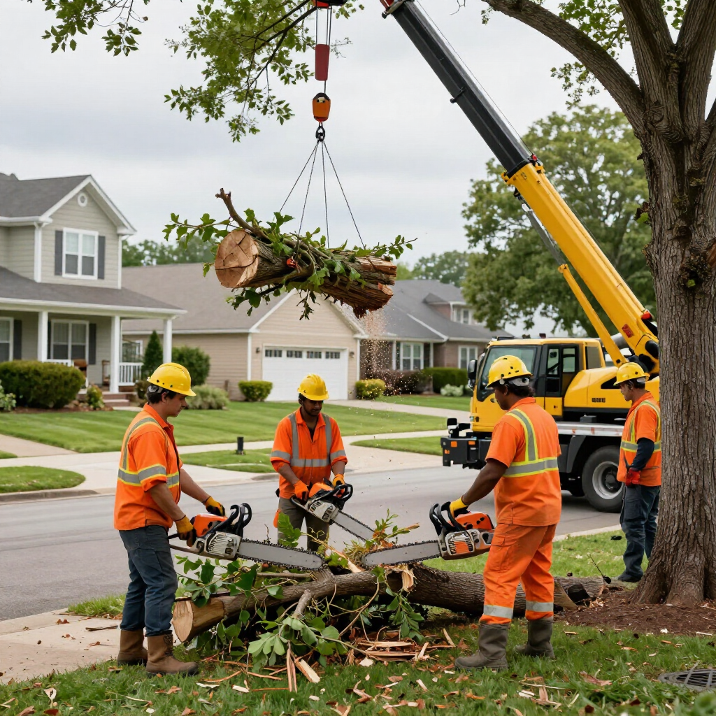 Workers in orange safety gear lift tree branches with a crane on a suburban street Workers in orange safety gear lift tree branches with a crane on a suburban street