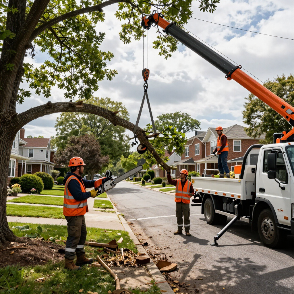 Utility crew lifting a large tree limb with a crane truck on a suburban street Utility crew lifting a large tree limb with a crane truck on a suburban street
