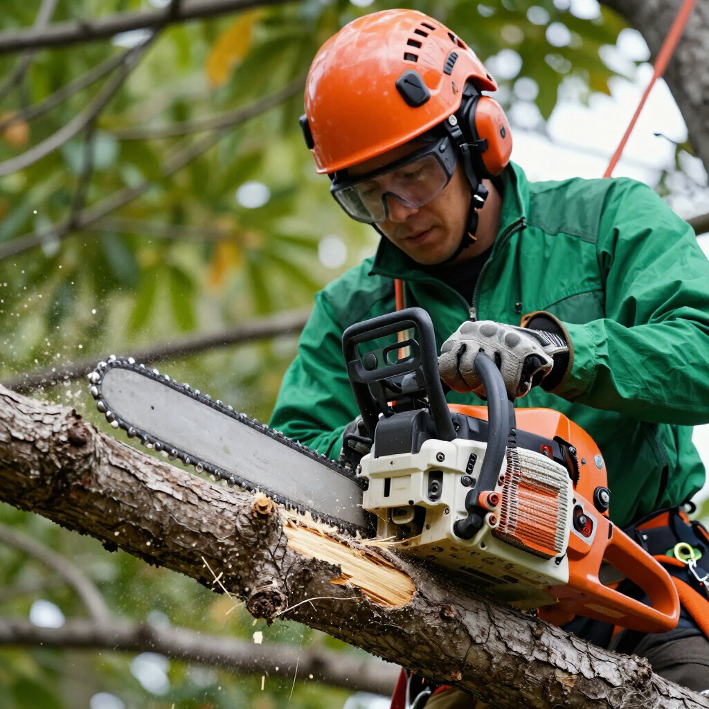 Worker in orange helmet and green jacket cutting a tree branch with a chainsaw Worker in orange helmet and green jacket cutting a tree branch with a chainsaw