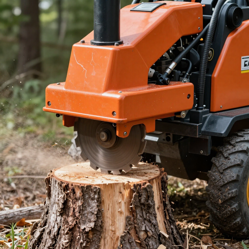 Orange stump grinder cutting a tree stump outdoors