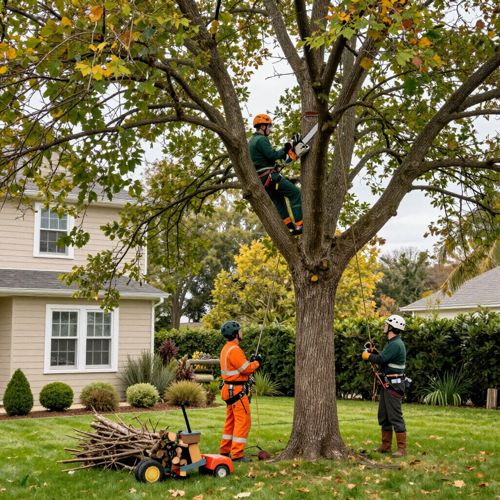 Three arborists trimming branches in a tree in a suburban yard, with tools on the lawn