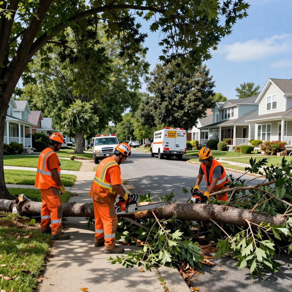 Workers in orange safety gear clearing a fallen tree from a suburban sidewalk and street Workers in orange safety gear clearing a fallen tree from a suburban sidewalk and street
