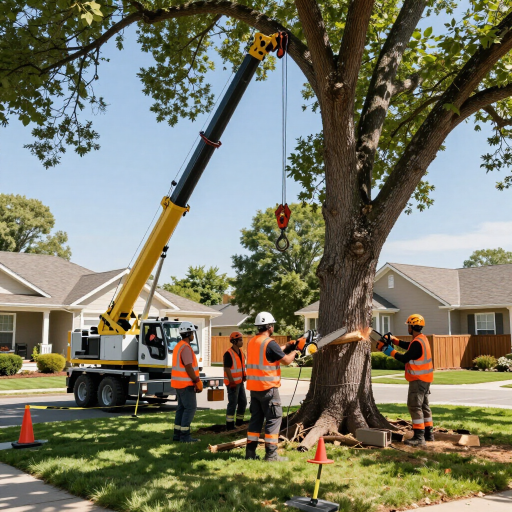 Utility workers trimming a large tree in a suburban neighborhood, using a crane and chainsaw Utility workers trimming a large tree in a suburban neighborhood, using a crane and chainsaw