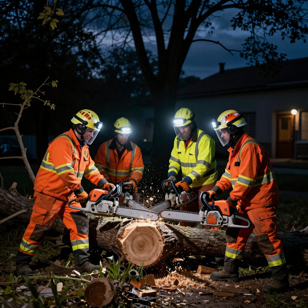 Four firefighters in reflective gear using a chainsaw to cut a fallen tree at night Four firefighters in reflective gear using a chainsaw to cut a fallen tree at night