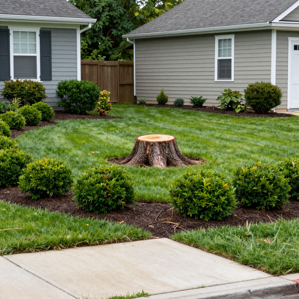 Landscaped suburban yard with a large tree stump in the center and trimmed shrubs around it. Landscaped suburban yard with a large tree stump in the center and trimmed shrubs around it.
