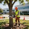 Worker in orange hard hat trimming a tree with a chainsaw outside a modern building