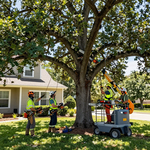 Tree trimmers in safety gear prune a large tree beside a suburban house using a bucket lift.