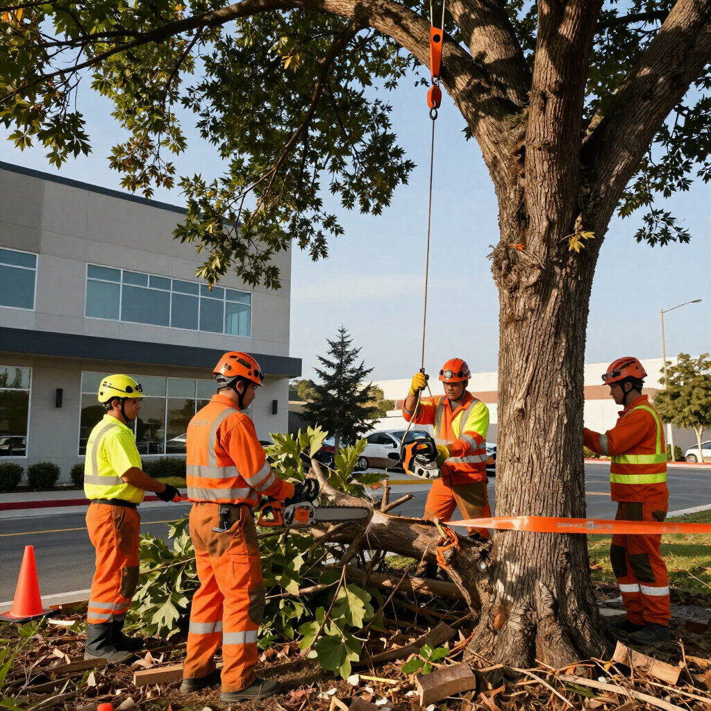 Workers in orange safety gear clearing fallen tree branches beside a building Workers in orange safety gear clearing fallen tree branches beside a building