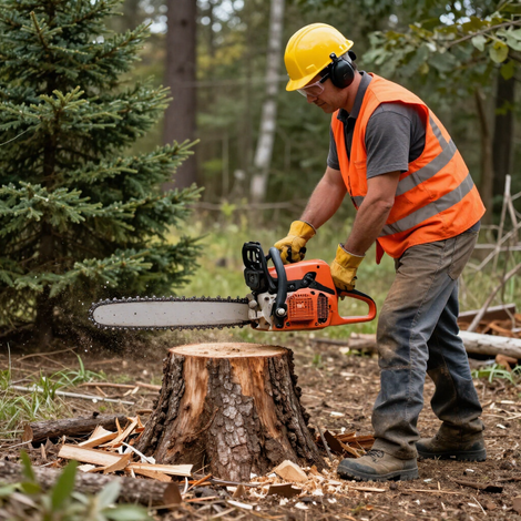 Worker in orange vest and hard hat cuts a tree stump with a chainsaw in a forest.