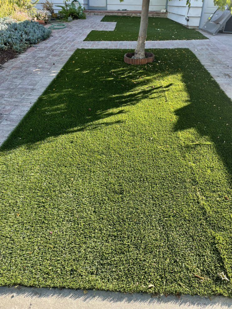 Backyard lawn with artificial turf, a tree, and a stone walkway in sunlight and shade