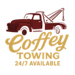 Maroon tow truck with the text "Coffey Towing 24/7 Available" in gold.