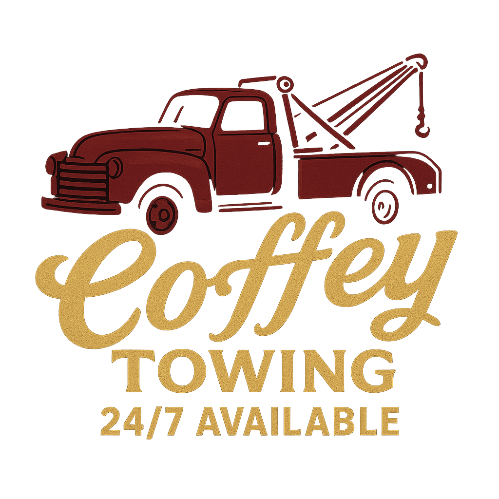 Maroon tow truck with the text "Coffey Towing 24/7 Available" in gold.