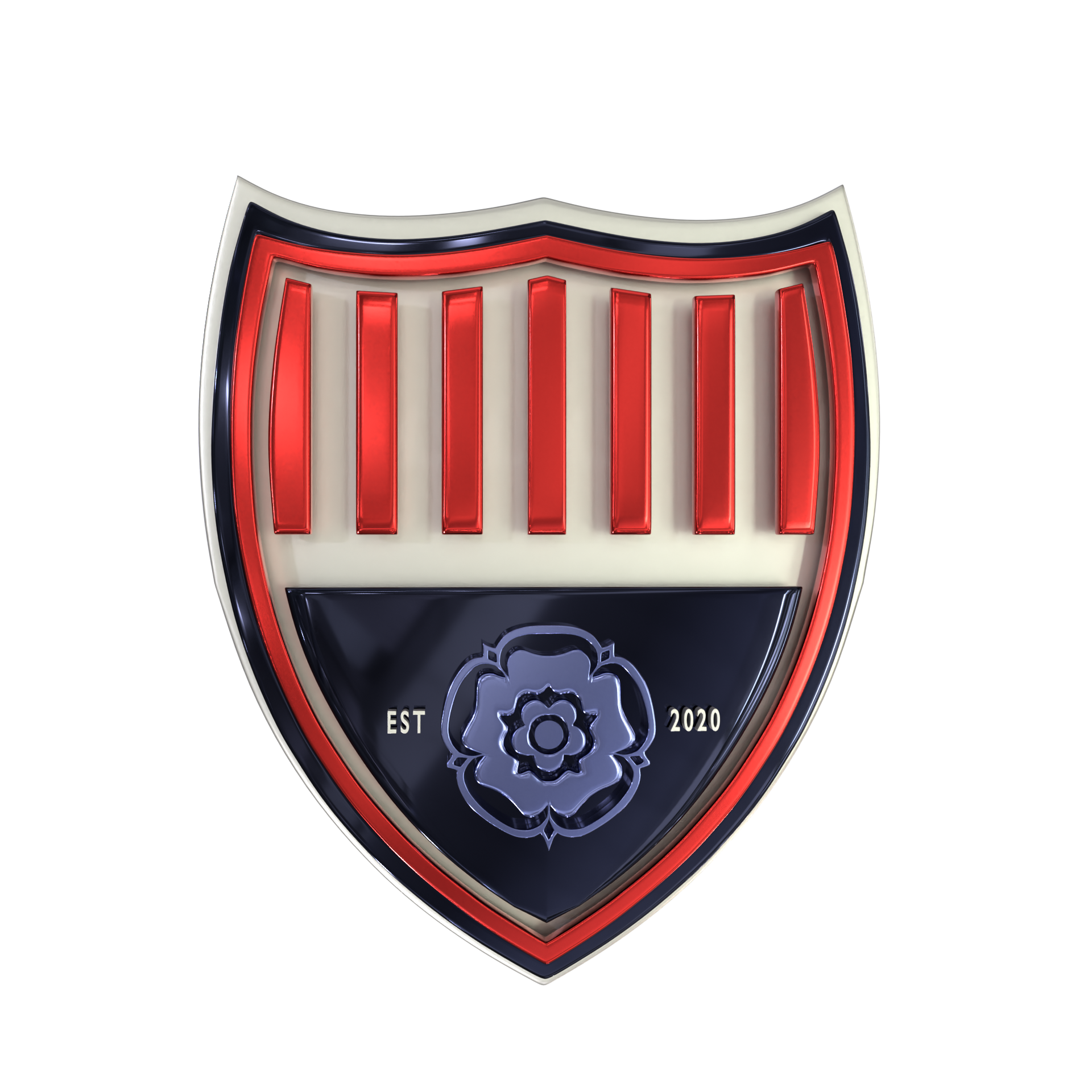 Shield logo with red and white stripes above a blue rose, on a dark blue background.