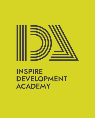 Yellow background with black logo: “IDA” initials formed by parallel lines. Text below reads “Inspire Development Academy.”