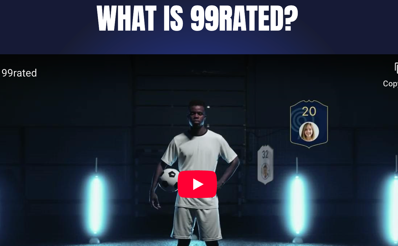 A soccer player holding a ball stands in front of a blue-lit background with the text