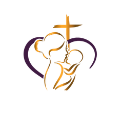 Gold outline of a mother holding a baby inside a purple heart with a gold cross in the background.