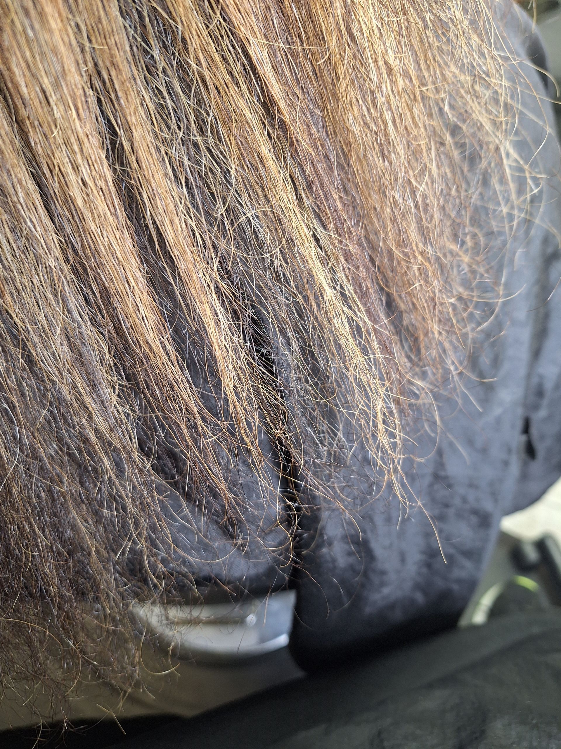 A close up of a person 's hair with a black jacket on.