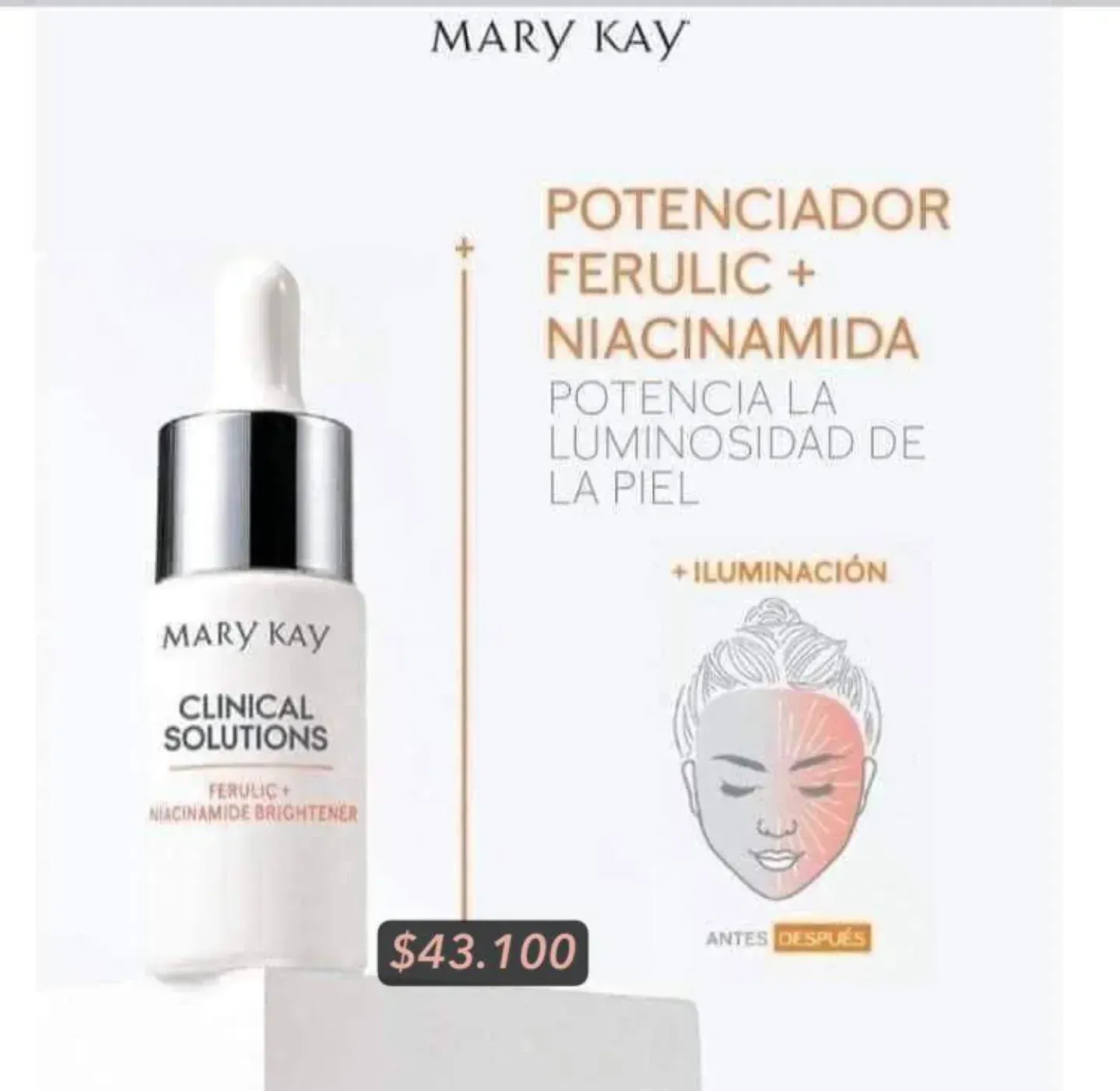 Sérum Mary Kay con ácido ferúlico y niacinamida, que promueve la luminosidad de la piel. Precio: 43.100 dólares.