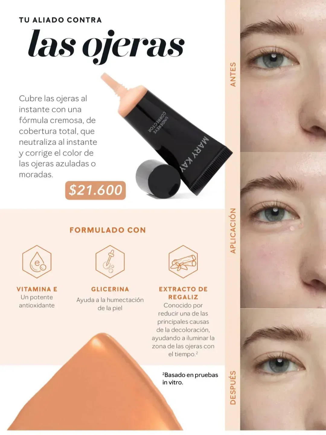 Anuncio de corrector de ojeras. Antes y después de su aplicación en el ojo de una mujer.