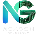 Logo: "NG" letters, gradient blue and turquoise, "G" with circuit board design, "NexGen Solutions" text.