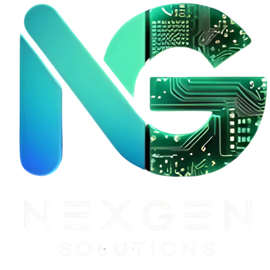 Logo: "NG" letters, gradient blue and turquoise, "G" with circuit board design, "NexGen Solutions" text.