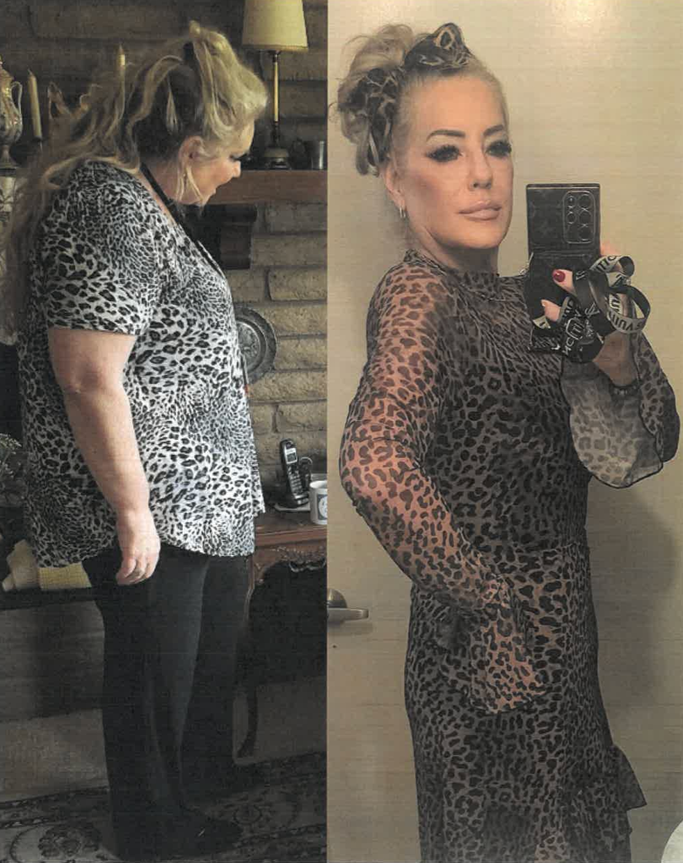 Woman in three outfits: patterned dress, wedding gown, and blazer with knee-high boots.