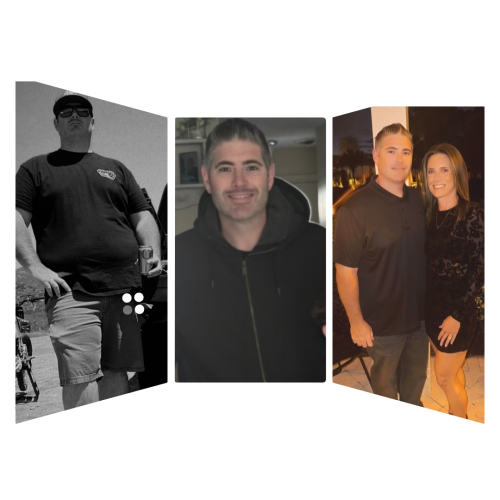 Three photos: man's weight loss journey. Left: overweight man. Middle: man in a hoodie. Right: man with woman, slimmer.