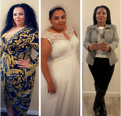 Woman in three outfits: patterned dress, wedding gown, and blazer with knee-high boots.