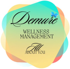 Logo for Demure Wellness Management, featuring text on a colorful background and a butterfly.