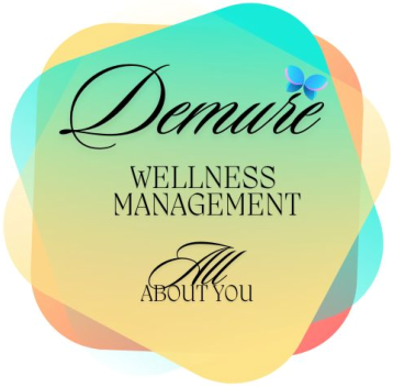 Logo for Demure Wellness Management, featuring a butterfly, stylized text, and an abstract, colorful background.