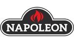 Napoleon grill logo: Black oval with white outline, red flame, 