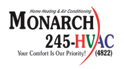 Logo for Monarch HVAC, with text "Home Heating & Air Conditioning," and contact number 245-HVAC.