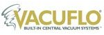 Vacuflo logo, golden text and tornado graphic, 