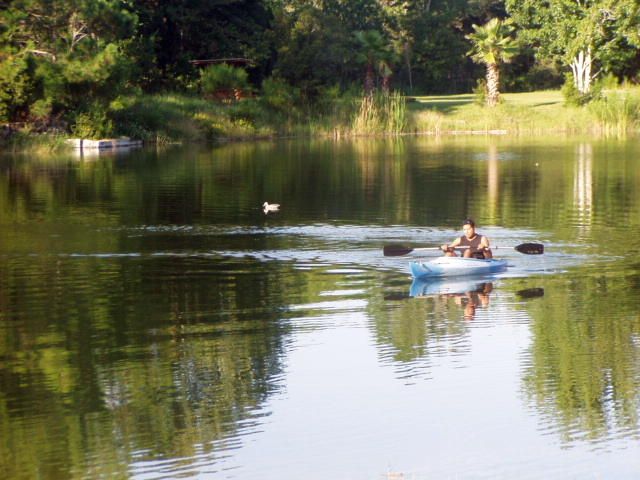 Person paddling a blue kayak on a calm lake, surrounded by trees reflecting in the water.
