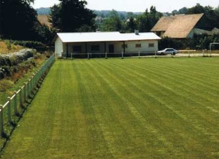 Un champ vert luxuriant avec un bâtiment blanc en arrière-plan
