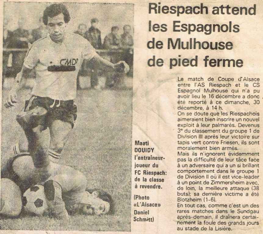 A newspaper article about riespach attending les espagnols de mulhouse de pied ferme