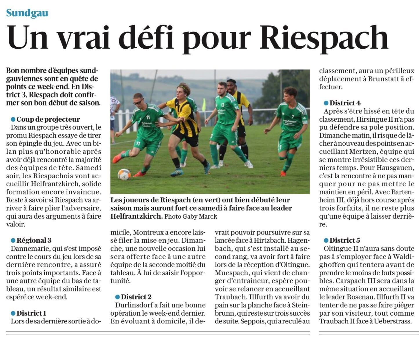 Un article de journal en langue étrangère intitulé un vrai défi pour riespach