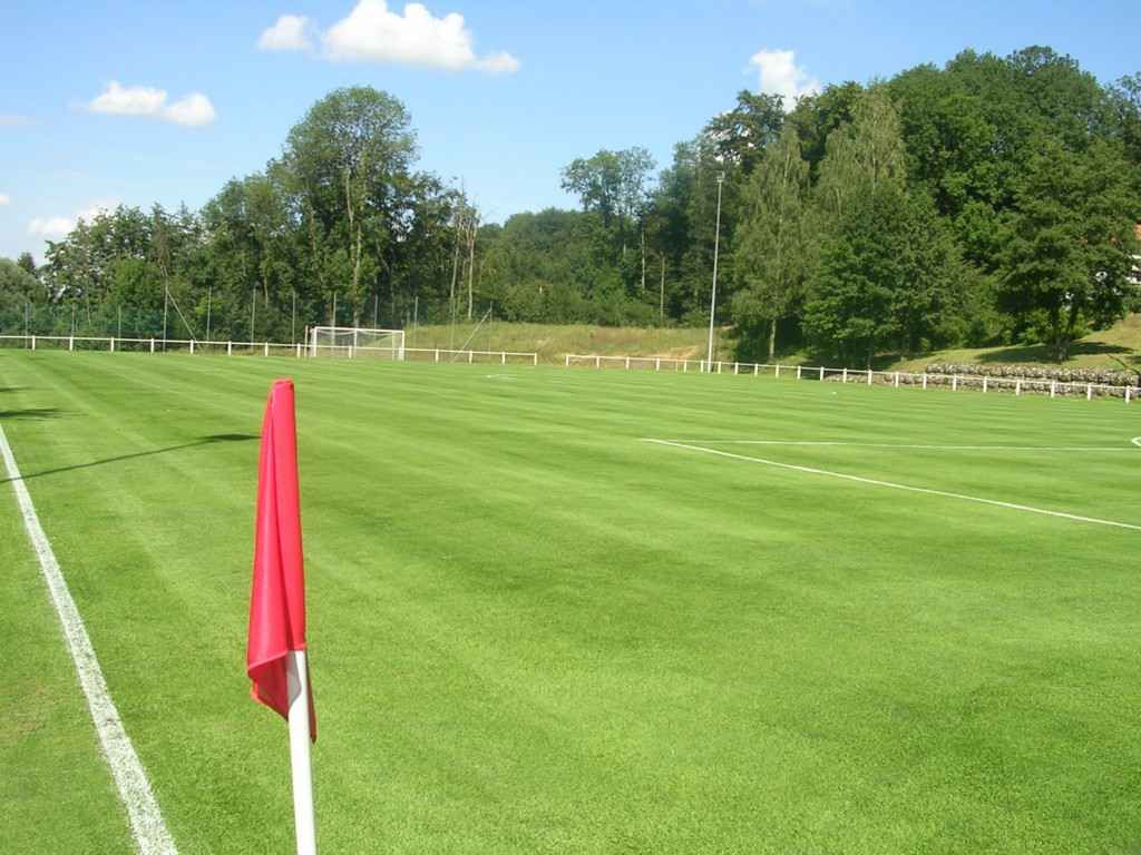 Un terrain de football avec un drapeau rouge au milieu