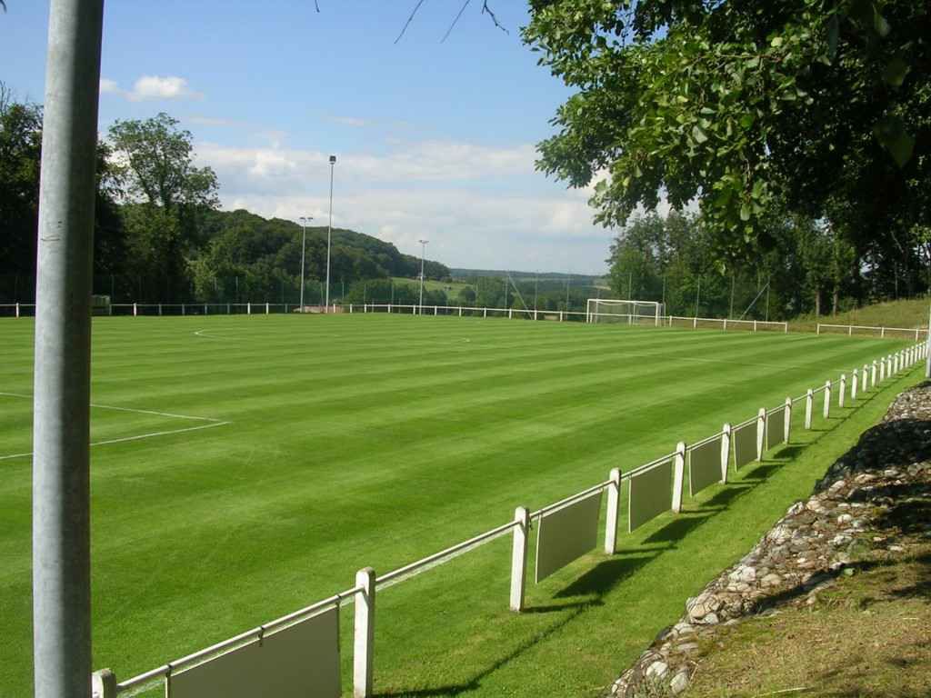 Un terrain de football entouré d'une clôture blanche