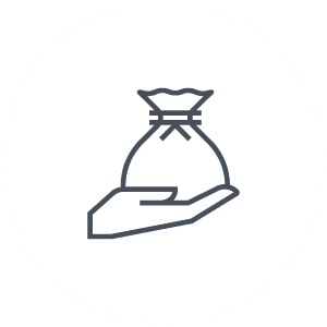 Icoontje Incasso lijntekening van hand die een zak geld vasthoudt