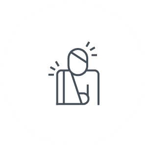 Icoontje letselschade lijntekening van een persoon met zijn  hoofd en rechterarm in een verband