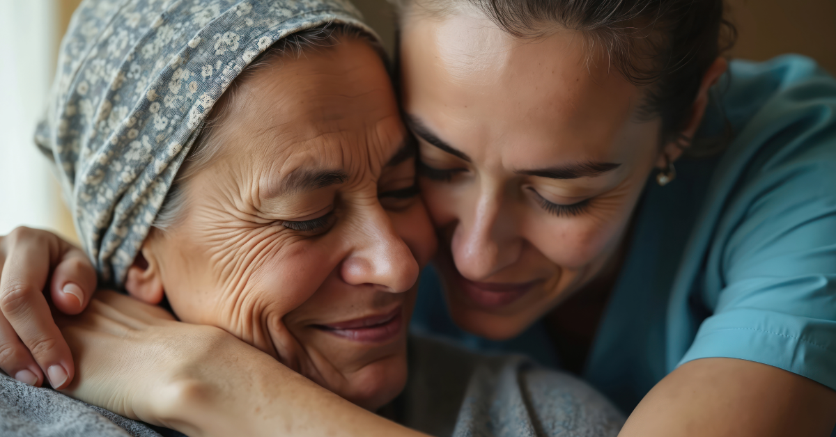 Elderly woman in wheelchair lifting dumbbells with assistance from a healthcare worker.