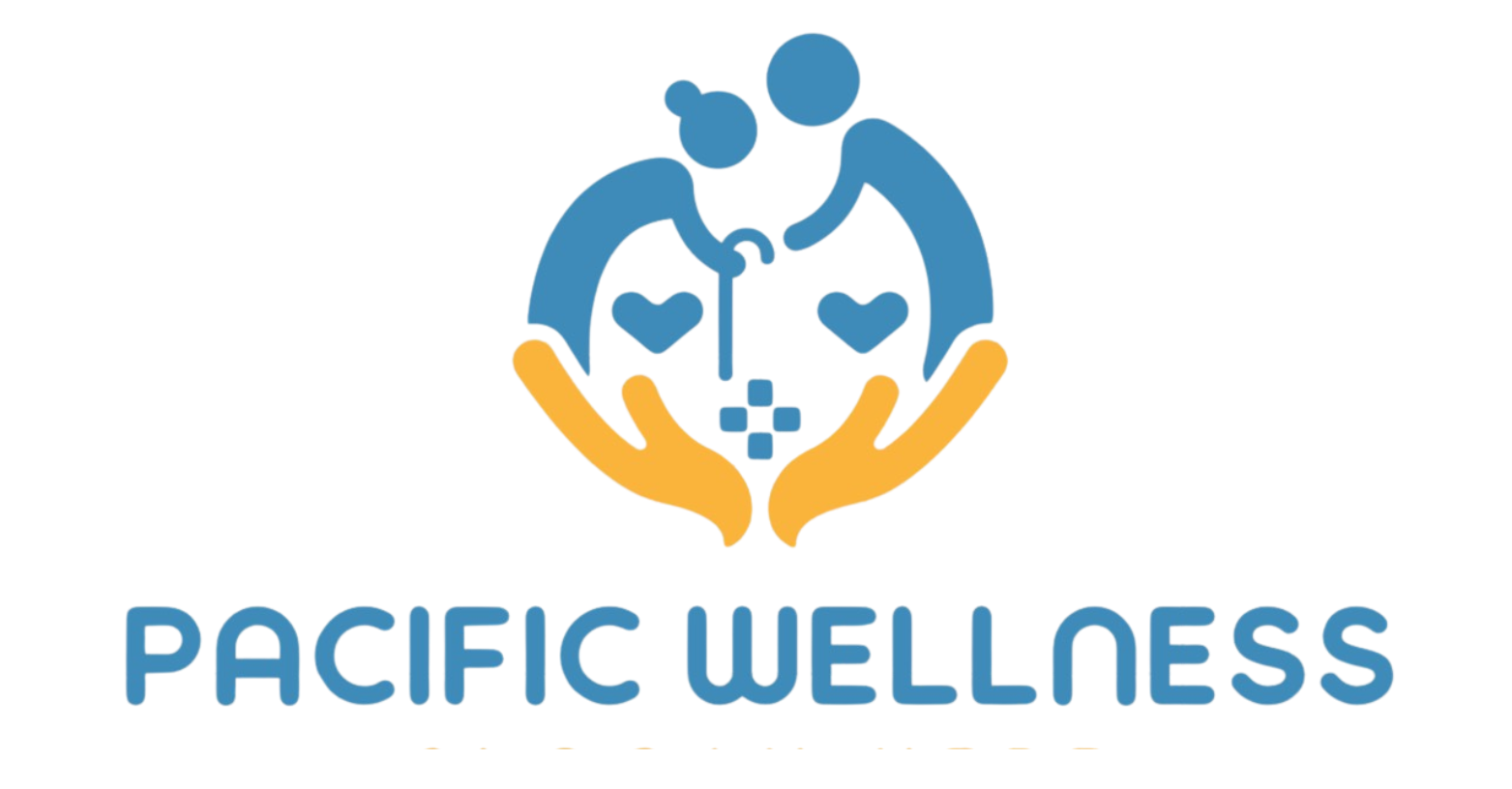 Logo of Pacific Wellness. Two figures support an elderly person with a cane. Orange hands cradle them.