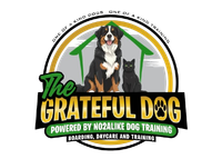 Logo: Dog and cat, green and gold frame, text "The Grateful Dog" with "Boarding, Daycare, and Training".