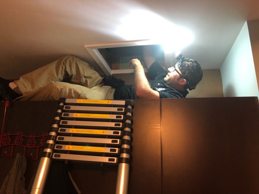 A person wearing a headlamp reaches into a ceiling access hatch while standing on a collapsible ladder.