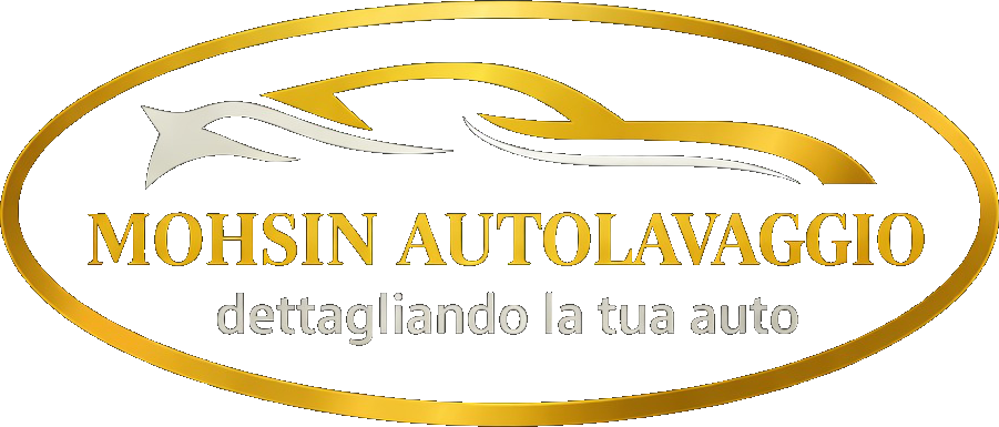 Logo per Mohsin Autolavaggio caratterizzato da un ovale con contorno dorato contenente la grafica stilizzata di un'auto e testo in italiano.