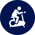 A man is riding an exercise bike in a blue circle.