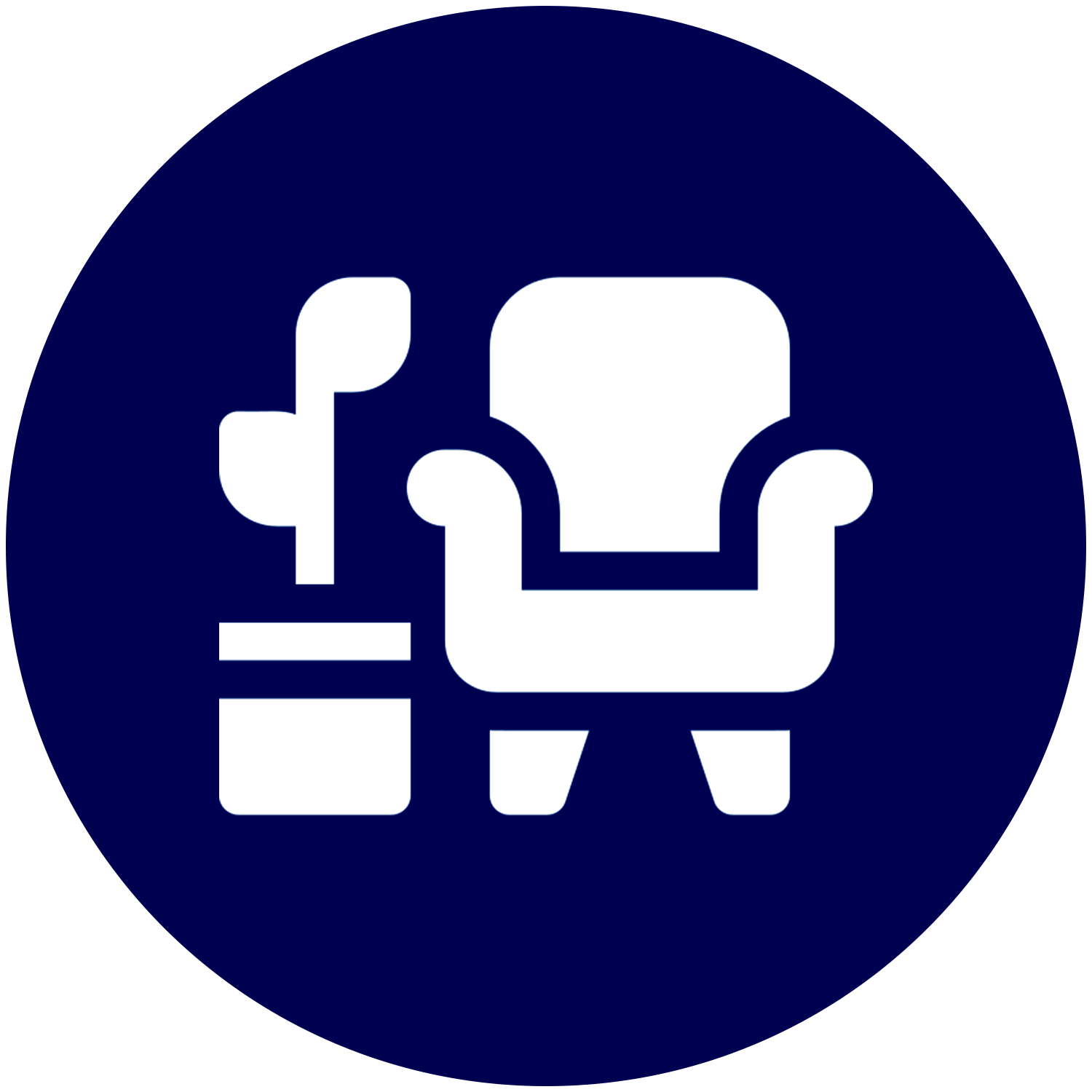 A white icon of a chair and a plant in a blue circle.