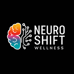 A logo for a company called neuro shift wellness with a brain on a black background.
